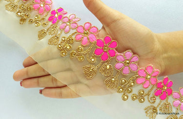 Gold Sheer Tissue Fabric Trim With Embroidered Pink & Gold Flowers, Embellished With Beads, Approx. 65 mm Wide - 210119L102